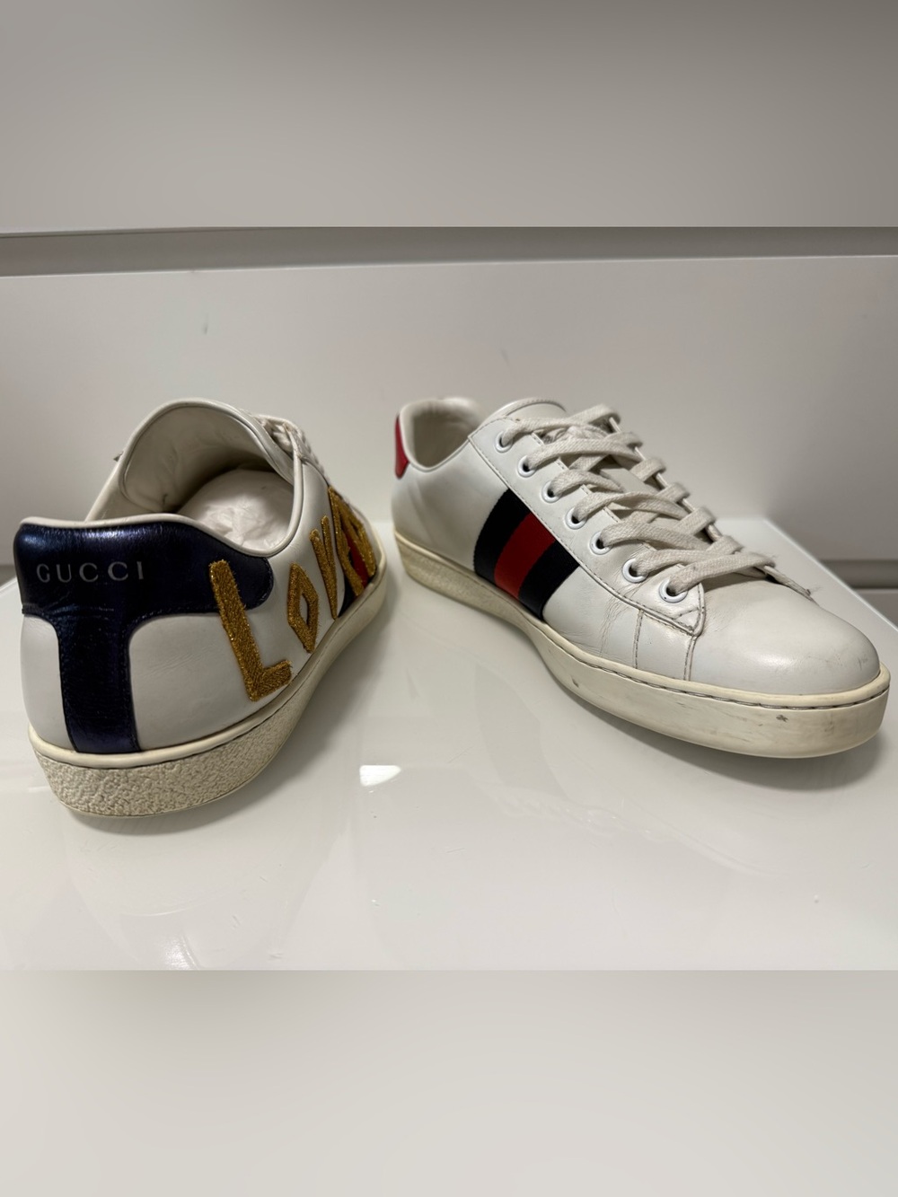 Gucci White Leather 'Loved' Sneakers with Red, Blue & Gold Accents - Picture 4 of 17